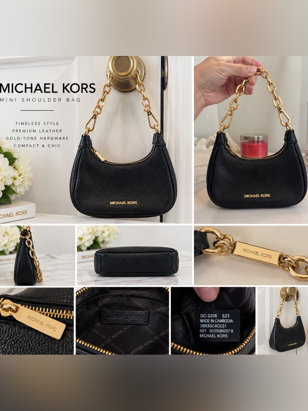 Michael Kors Black Pebbled Leather Mini Shoulder Bag Gold Chain Zip Hobo
